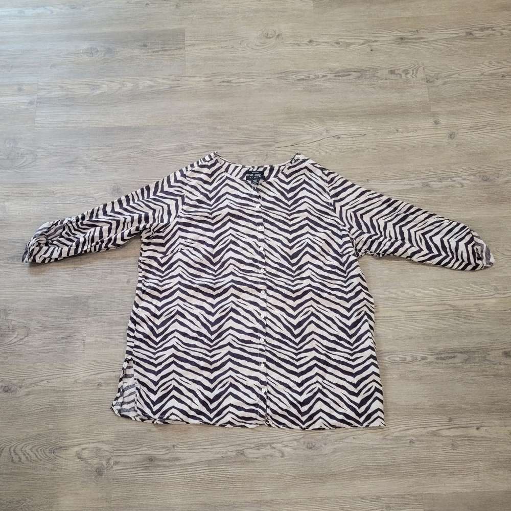 Tahari Linen Button Up Zebra Print Blouse Size 2X